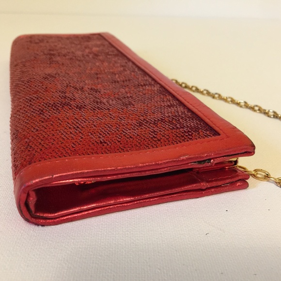 Scarlet Red Evening Party Sequins Clutch Gold Chain - Picture 6 of 9